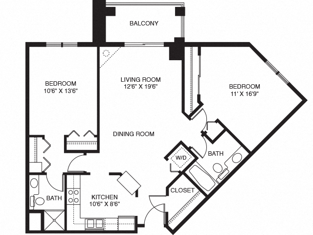 Floor plan for 2 beds, 2 baths, 1036 sqft